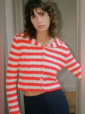 Zara Red and White Striped Sailor-Collar Cropped Cardigan